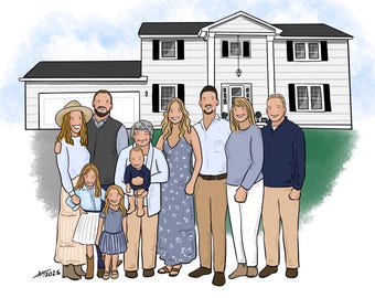 Custom Family + Home | Digital illustration style Portrait 8x10 | JPG or JPG + PRINT