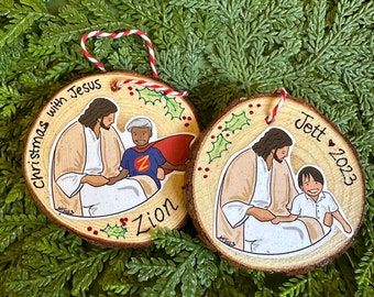 Custom Memorial Portrait Wood Ornament: Child with Jesus