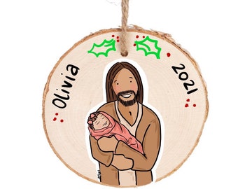 Semi Custom Memorial Portrait Ornament | Pregnancy and Infant Loss Ornament | Memorial with Jesus Ornament | Wood Ornament