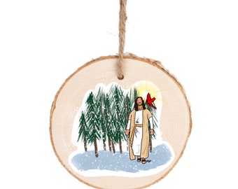 Jesus and Cardinal Memorial Ornament: Hand-Drawn Remembrance Gift