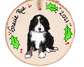 Custom Pet Portrait Christmas Ornament: Digital Illustration Wood Slice