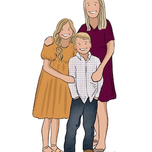 以下が含まれることがあります： 母親、娘、息子の家族の肖像画のイラスト。母親はボルドーのドレスを着ており、娘は黄色のドレスを着ており、息子はチェックのシャツと青いジーンズを着ています。