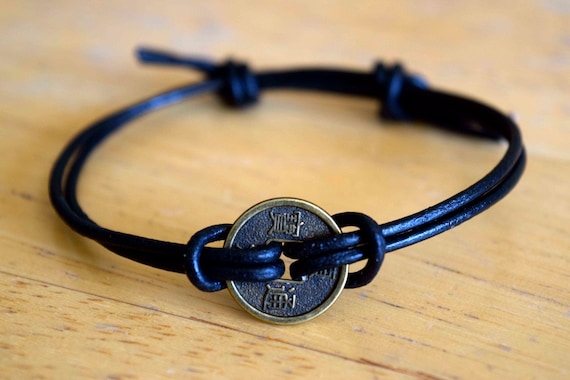 Chinese Feng Shui Lucky Coin Charm Bracelet Leather Bracelet