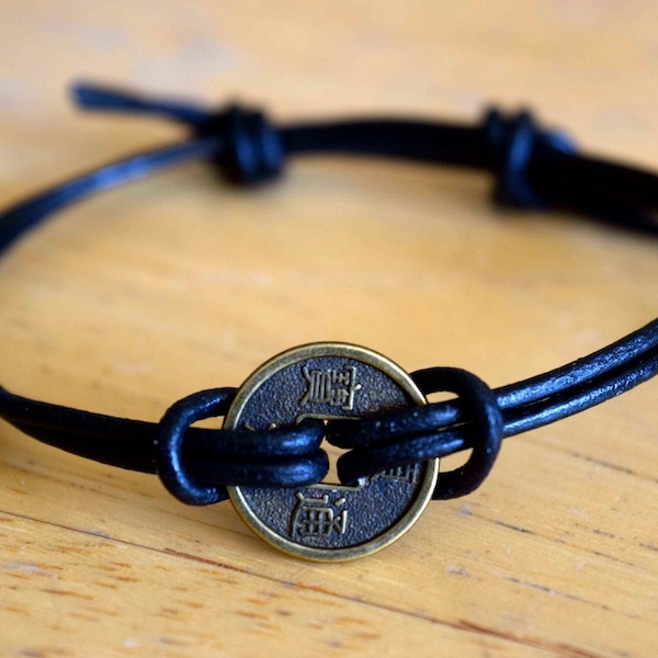 Chinese Feng Shui Lucky Coin Charm Bracelet, Leather Bracelet, Adjustable, Wealth, Good Fortune, Unisex, Leather