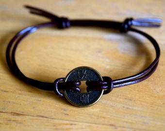 Chinese Feng Shui Lucky Coin Charm Bracelet, Leather Bracelet, Adjustable, Wealth, Good Fortune, Unisex, Leather, Friendship Gift