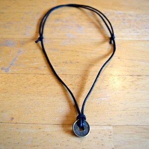 Chinese Lucky Coin Charm Pendant, Waxed Cotton Pendant, Adjustable, Wealth, Good Fortune, Unisex,
