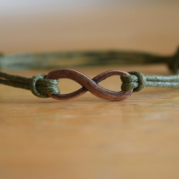 Infinity Bracelet, Copper Infinity Charm, Waxed Cotton Bracelet, Friendship Bracelet, Unisex, Anniversary Gift