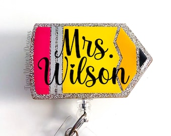 Glitter Pencil Badge Reel: Teacher Appreciation Gift, Custom Badge Holder
