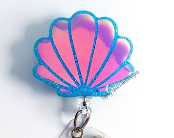 Seashell Glitter Badge Reel: Clamshell Nurse Badge Holder