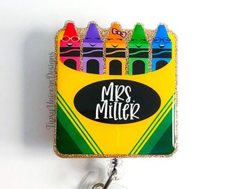 Crayon Box Glitter Badge Reel: Teacher Appreciation Gift