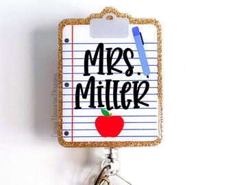 Personalized Glitter Clipboard Badge Reel, Teacher Appreciation Gift