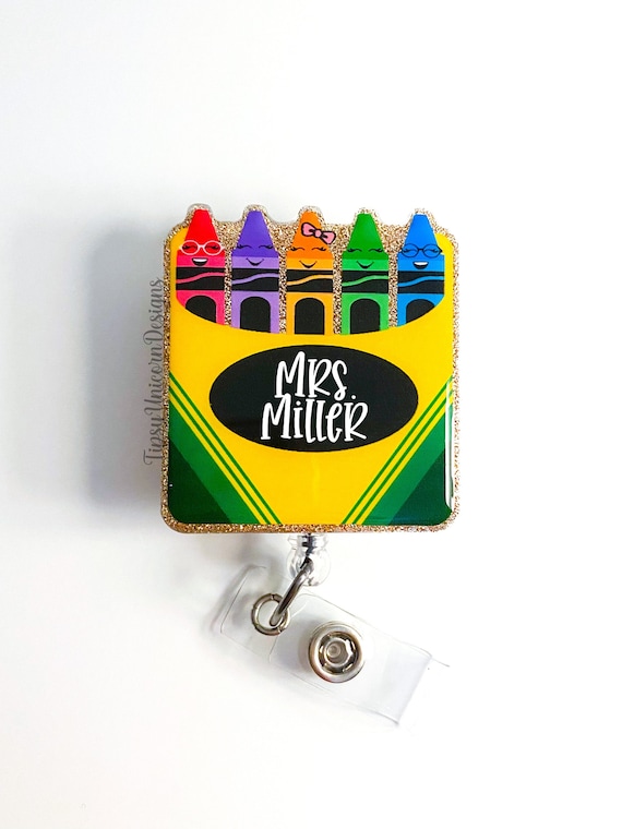 Crayon Box Glitter Badge Reel Teacher Badge Reel Teacher Etsy