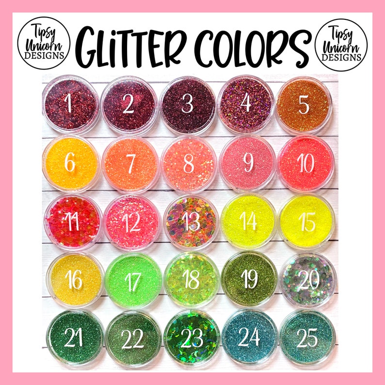 May include: A collection of 25 small jars filled with different colors of glitter. The jars are arranged in a grid of five rows and five columns. Each jar is labeled with a number from 1 to 25.