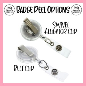May include: Two clear plastic badge reels with different attachment options. The top reel has a swivel alligator clip and the bottom reel has a belt clip.
