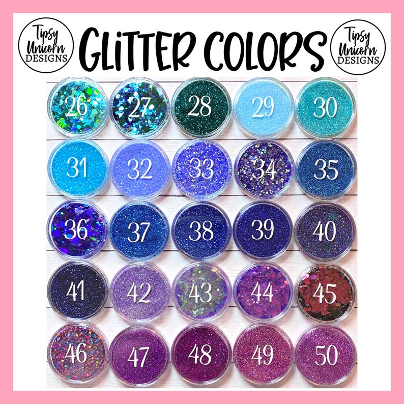 May include: A collection of 50 small jars filled with different colors of glitter. The jars are arranged in a grid of five rows and five columns. Each jar is labeled with a number from 26 to 50.