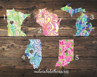 Lilly Inspired City & State Decal / Minnesota, Wisconsin, Michigan, Illinois, Indiana / Custom Size, Color / Yeti, Home State Decor