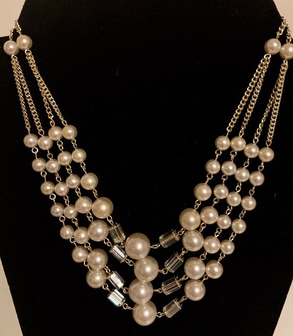 Vintage pearl crystal bib necklace / Vintage Japa… - image 1