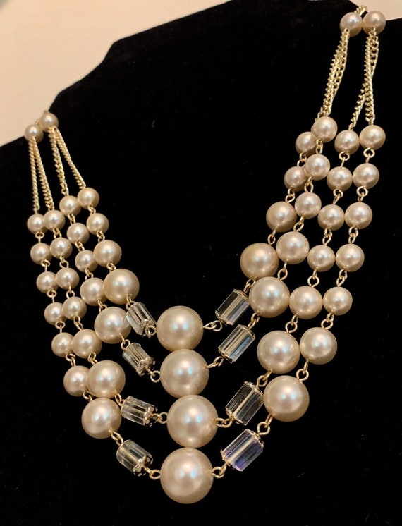Vintage pearl crystal bib necklace / Vintage Japa… - image 2