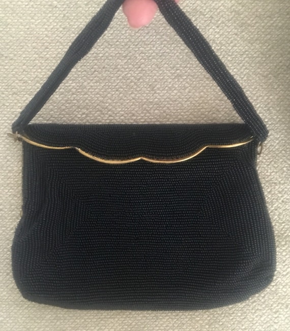 Vintage black beaded Delille evening bag / Top han