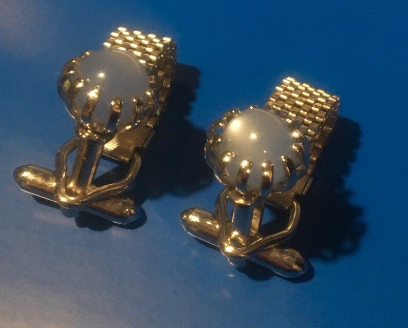 Blue moonstone cufflinks silver setting Retro cabochon baby blue moonstone cufflinks Vintage mens silver mesh blue moonstone cufflinks