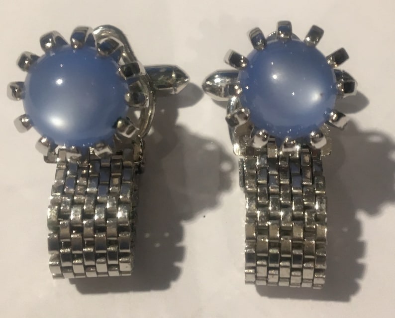 Blue moonstone cufflinks silver setting Retro cabochon baby blue moonstone cufflinks Vintage mens silver mesh blue moonstone cufflinks