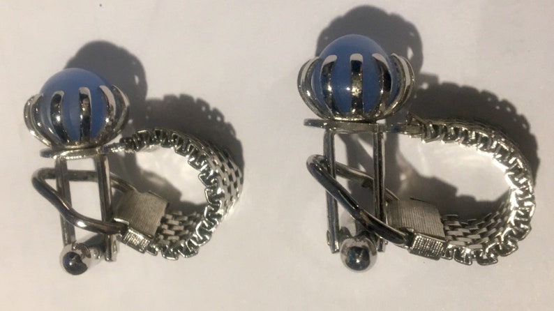 Blue moonstone cufflinks silver setting Retro cabochon baby blue moonstone cufflinks Vintage mens silver mesh blue moonstone cufflinks