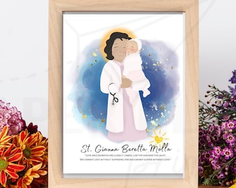 May include: A watercolor illustration of St. Gianna Beretta Molla, a doctor, holding a baby. The image has a blue and gold background with a quote from St. Gianna: "Love and sacrifice are closely linked, like the sun and the light. We cannot love without suffering, and we cannot suffer without love."