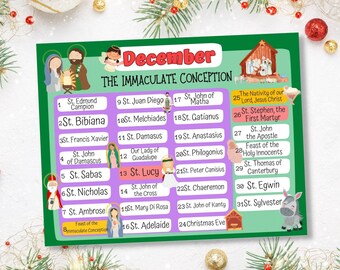 May include: A green and purple calendar for December with the title "The Immaculate Conception". Each day of the month features a saint's name and a small illustration.