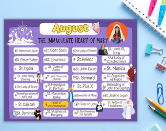 August Saints Feast Day Printable Calendar- Assumption, St Louis digital, Saint Augustine Catholic, Catechesis, homeschool, baptism gift