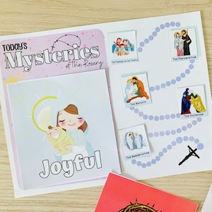 Rosario imprimible para niños / Interactivo con misterios / Niños católicos / Misterios del Rosario / Hoja de trabajo del Rosario digital /