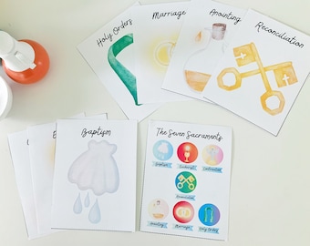 May include: A set of seven colorful cards with illustrations and text describing the seven sacraments of the Catholic Church: Baptism, Eucharist, Confirmation, Reconciliation, Anointing of the Sick, Holy Orders, and Matrimony.
