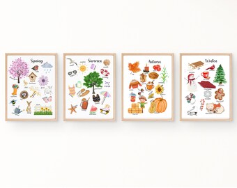 May include: Four framed prints, each depicting a different season of the year. The prints feature colorful illustrations of various objects and activities associated with each season, such as flowers, rain, a beach, a snowman, and a pumpkin.
