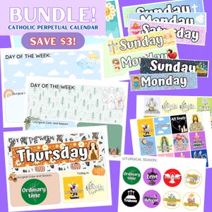 BUNDLE Catholic Perpetual Calendar Printable Daily | Liturgical Calendar Planner | Catholic Weekly | Homeschool Montessori Catechesis