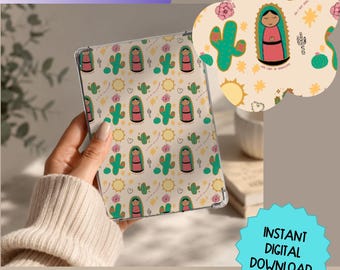 May include: A clear Kindle case featuring a repeating pattern of Our Lady of Guadalupe, green cacti, yellow suns, and pink flowers on a cream background. The design includes the text Our Lady of Guadalupe and small decorative elements.