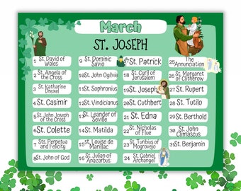 March Saints Feast Day Printable Calendar- Saint Joseph, Annunciation digital, Catholic, Catechesis, homeschool, baptism gift