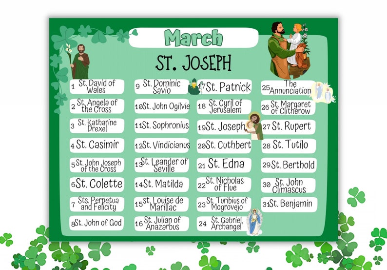 March Saints Feast Day Printable Calendar Saint Joseph, Annunciation digital, Catholic, Catechesis, homeschool, baptism gift image 1