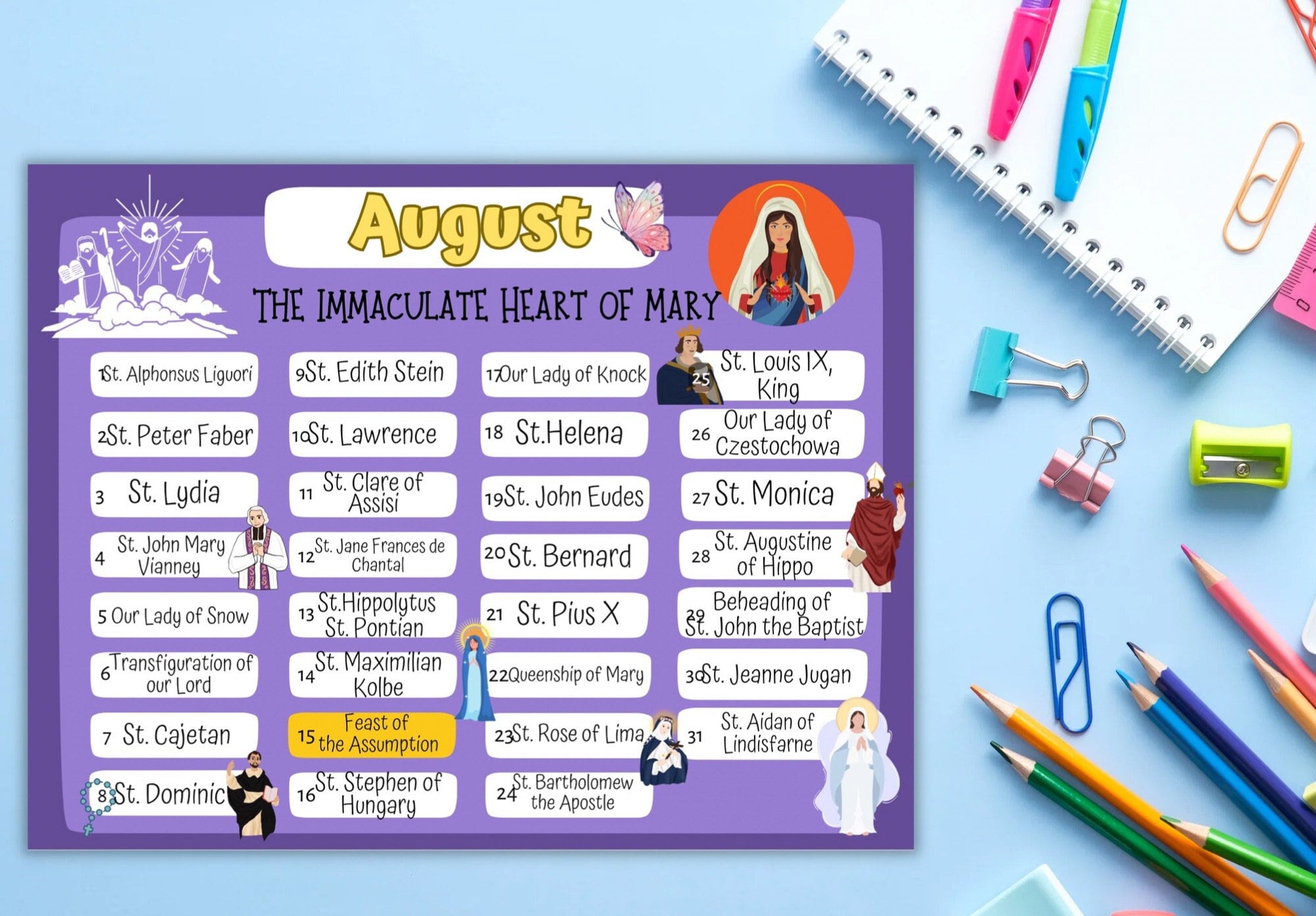 August Saints Feast Day Printable Calendar Assumption, St Louis Digital