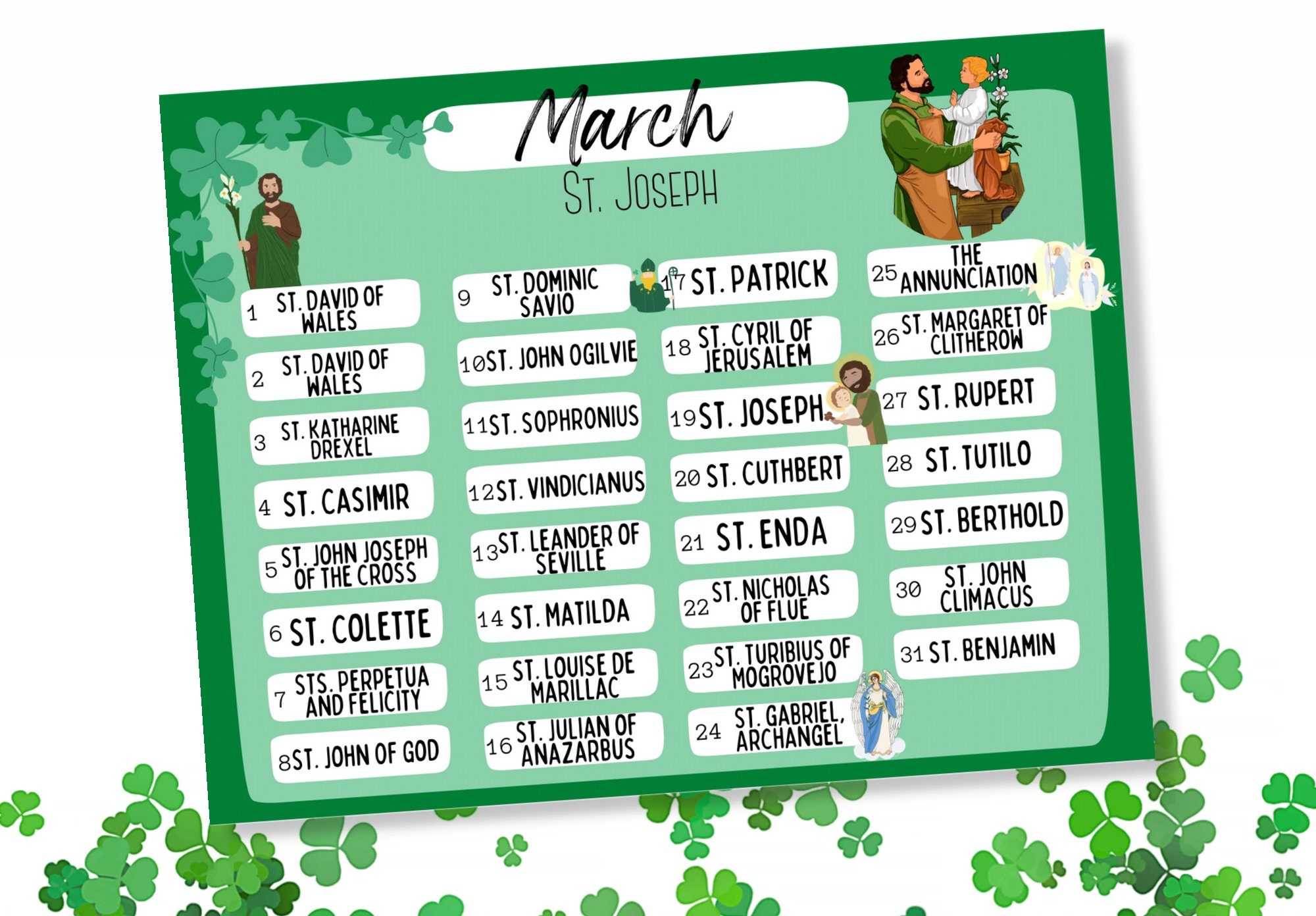 March Saints Feast Day Printable Calendar Saint Joseph Etsy