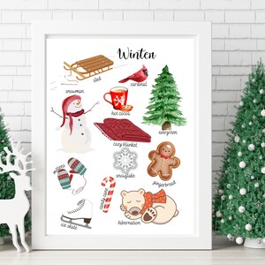 Póster de invierno Montessori imprimible / Póster de acuarela / Arte para el aula / Tablero de la temporada de nieve / Impresión digital