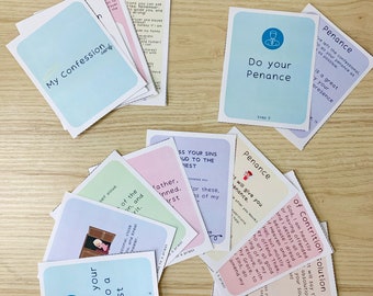 May include: A set of colorful cards with instructions for a confession game. The cards feature phrases like "Confess your sins to a priest", "Do your Penance", and "Penance".