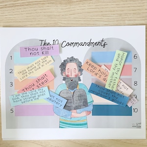 May include: A colorful illustration of the Ten Commandments with a cartoon man holding two stone tablets. The commandments are written on colorful paper squares and are numbered 1 through 10.