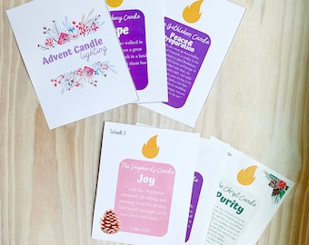May include: Four printable cards with purple and pink backgrounds, each featuring a candle with a flame and a scripture verse. The cards are labeled "Advent Candle Lighting", "Bethlehem Candle", "The Shepherd's Candle", and "The Christ Candle".