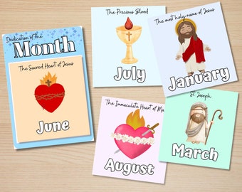 May include: A set of 10 printable cards with illustrations and text for each month of the year. The cards feature religious themes, such as the Sacred Heart of Jesus, the Immaculate Heart of Mary, and the Precious Blood. Each card includes the name of the month and a short description of the theme.