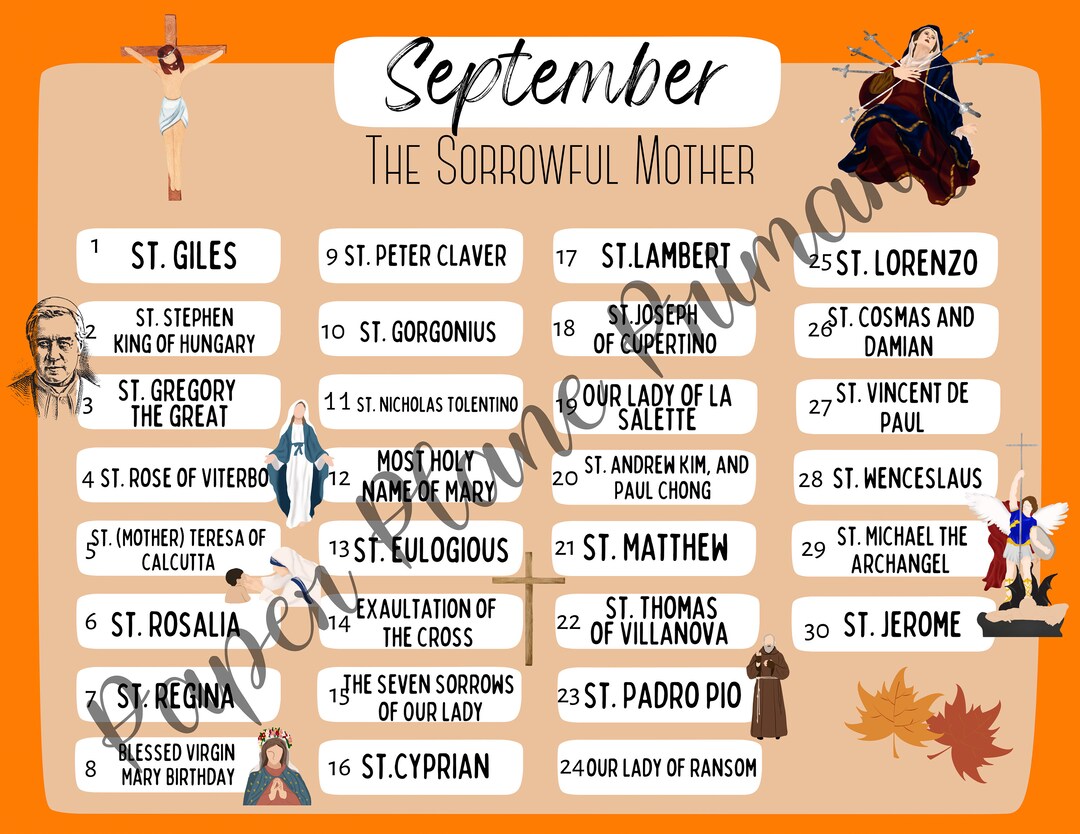 September Saints Feast Day Printable Calendar St. Michael Etsy Canada