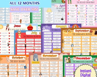Puede incluir: Un paquete imprimible colorido de 12 calendarios mensuales con santos católicos. Cada calendario incluye el nombre del mes, la imagen de un santo y una lista de nombres de santos y días festivos. El paquete se titula "Bundle! All 12 Months Save Over $15!" e incluye el texto "Descarga digital instantánea".