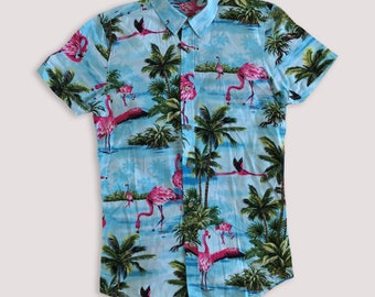 Vtg 00s Flamingos Button up Shirt Abstract Hawaiian • 80s 90s Hip Hop Vintage Retro Old School Nike Hilfiger Karl Kani Summer Palms / size S