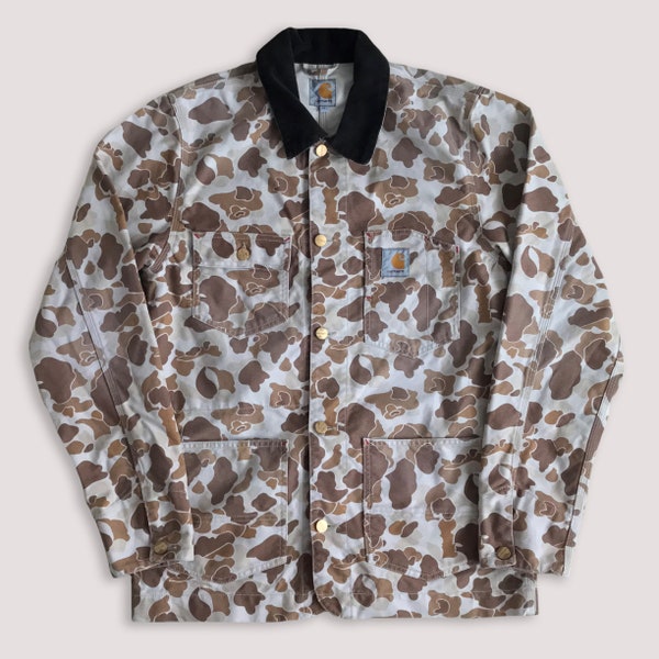 Vtg 90s CARHARTT desert camo denim jacket coat • 80s Hip Hop Rap Vintage Retro Old School Nike Hilfiger Karl Kani Starter Streetwear  / sz M