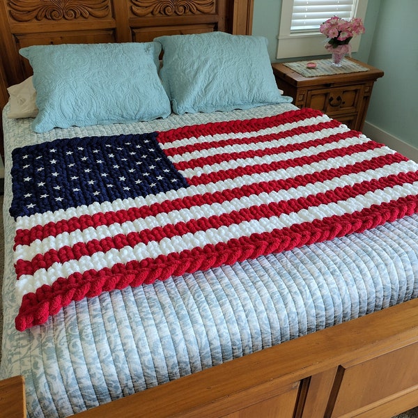 American Flag Knitting Pattern and Tutorial Instructions for Bulky Yarn, Chunky Knit Blanket Knitting Pattern, Patriotic DIY US Flag Pattern