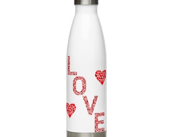Cute Water Bottle Valentine's Gift, LOVE with Hearts Cold or Hot Water Bottle, Insulated Metal Water Bottle, Eco Friendly Sustainable Gift