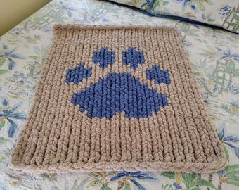 Paw Print Knitting Pattern and Tutorial Instructions, Chunky Knit Blanket Knitting Pattern, Dog Pet Blanket DIY, Cat Print, Dog Print